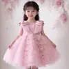 Vestido de Princesa Rosa con Rosa Tridimensional para Niñas Modelo Nuevo 2026 Vestido de Malla Abullonado con Lazo Grande para Niños Vestido de Actuación