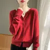 Suéter Cardigan de Cashmere Pequeno com Decote V Novo para Primavera e Outono Top Curto Feminino Casaco de Tricô Outono e Inverno Manga Longa Versátil