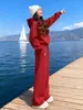 Elegante conjunto esportivo casual vermelho para mulheres, moderno e simples, com moletom forrado de fleece e calça de moletom, conjunto de duas peças para primavera, outono e inverno