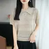 Nuevo estilo de verano Lyocell estilo francés con cuello, manga corta, tejido de punto hueco de lino con diseño adelgazante y corte recto en los hombros
