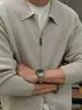 Cardigan com Zíper e Lapela Texturizado Despojado Cool Estilo Old Money Masculino Outono Casual Relaxado Quente Tricô Suéter Casaco