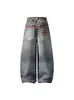 Marca Tendência Retro Americana Design de Nicho Primavera Novo Estilo Cintura Dupla Estampa de Leopardo Estampa de Gravata Jeans de Perna Larga Rasgado