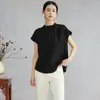 Top Holgado Elegante de Manga Corta para Verano, Plisado 100% Seda de Morera Crepé de Seda, Manga Raglán, Adelgazante