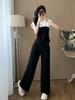 Traje de Moda de Manga Corta con Bloque de Color Blanco y Negro para Mujer, Verano, Adelgazante, Rejuvenecedor, Falso de Dos Piezas, Deportivo Casual, Pantalones de Pierna Ancha, Conjunto de Dos Piezas