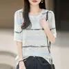 Camiseta de tricô listrada color-block estilo francês de manga curta para mulheres, fina para o verão, solta, modeladora, respirável, versátil, camiseta base de meia-manga