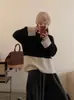 Suéter de Punto Grueso Suave para Mujer, Cuello Redondo, Bloques de Color, Lana Pura, Holgado, Casual, Simple, Moda Versátil, Manga Larga, Camiseta Base