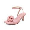 Mujer Rosa ~ Súper Hermosa con Falda Verano 2025 Tacón Alto Grueso Punta Cuadrada Punta Abierta Sandalias de Cuero Genuino de Una Sola Tira con Flores
