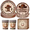 Decorações de Festa de Aniversário de Menino Cowboy Ocidental Marrom Cruzado Conjunto Descartável de Louças de Festa Toalha de Mesa