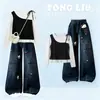 Versátil Moderno Tendencia Individualista Falso Dos Piezas Manga Larga Dulce Dibujos Animados Jeans Conjunto de Dos Piezas para Niñas Primavera y Otoño