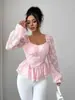 Blusa floral de jacquard para mujer transfronteriza, nuevo estilo de primavera, escote cuadrado, mangas abullonadas, espalda fruncida, dobladillo con volantes y cintura ajustada