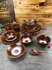 Conjunto de Mesa de Cerâmica Argila Quatro Peças Tigela de Arroz para Uso Comercial Prato Tigela de Vinho Retro Nostálgico Antigo Louça Esmaltada Completa Hotel