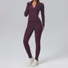 Chamarra de fitness de manga larga con cremallera y cuello alto con bolsillos, leggings de yoga sin costuras de cintura alta, conjunto de dos piezas para correr y fitness