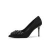 6681C-131 Tacón de Aguja de Gamuza Pedrería Boca Baja Tacones Altos Zapatos de Mujer Elegantes para Viaje de Negocios Zapatos Elegantes