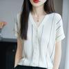 2025 Nuevo Verano Tencel Lyocell Cuello en V Cárdigan de Punto Manga Corta Diseño Femenino de Combinación de Colores Top