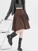Saia Midi de Veludo Cotelê Cor Café com Bolinhas Estilo Retrô para Meninas Plus Size Outono Inverno Ligeiramente Cheinhas Afinando Linha A Cinco Pontos