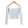 Nuevo Suéter de Punto Rayado en Contraste para Mujer Otoño e Invierno 2024, Cuello de Una Línea, Manga Larga, Puro Deseo, Sexy, Ajustado, Hombros Descubiertos
