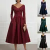 Vestido de Noche Nuevo de Cuello en V de Manga Larga con Cintura Fruncida y Dobladillo Amplio, Transfronterizo Europeo y Americano 2026