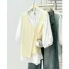 Blusa Elegante Falsa de Duas Peças Plus Size 2026 Nova Moda Verão Patchwork Irregular Leve Manga Curta para Mulheres Plus Size 0147