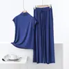 Conjunto de Pijama de Modal Gola Alta Sem Mangas Calça de Perna Larga Solta Tamanho Plus Casual Simples Roupa de Casa Conjunto de Duas Peças