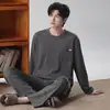 Pijama de hombre para primavera y otoño, algodón puro, cuello redondo, sin botones, talla grande, simple, casual, color liso, se puede usar como ropa exterior, conjunto de loungewear