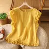 Foto Real Verão 2026 Camisa de Manga Curta Feminina Artística Casual Moda Versátil Emagrecedora Gola Redonda Blusa com Babados