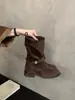 Botas de Moda: Botas de Tobillo Vaqueras con Tacón Grueso, Piel de Ante Retro Francesa, Hebilla de Cinturón, Punta Redonda, Caña Recta, Nueva Colección Otoño/Invierno 2026
