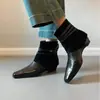 Botines ajustados de retazos retro para mujer, tacón grueso, cremallera trasera, punta cuadrada pequeña, botines cortos elásticos de microfibra, nuevo estilo otoño 2026