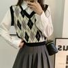 Suéter de manga larga con cuello POLO de dos piezas falsas con diseño de rombos para mujer, estilo coreano, nuevo estilo dulce, estilo occidental, top ajustado