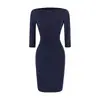 Vestido Ajustado de Manga Tres Cuartos Color Azul Oscuro Otoño 2026 Nuevo Estilo Coreano Cintura Ceñida Adelgazante Temperamento