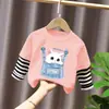 Otoño 2026 Camiseta Infantil de Algodón Puro Estilo Coreano a Rayas y Parches Elegante Nueva Camiseta Casual Manga Larga para Niñas