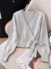AliExpress Wish Moda Femenina Primavera y Otoño Top de Nudo Corto Cuello en V Simple Color Sólido Cruzado Suéter de Punto Irregular