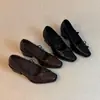 Versión de Piel de Oveja Primavera Nueva Estilo Francés Silencioso Retro Moño Punta Cuadrada Mary Jane Zapatos de Tacón Medio-Alto Piel Genuina para Mujer