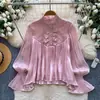 Blusa de retazos de encaje rosa, estilo francés, suave, para mujer, manga larga, corte holgado, top tipo cárdigan con volantes, colección otoño 2026 para mujer