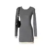 Vestido de punto negro de dos piezas falsas con parte inferior de contraste para mujer, nuevo estilo de otoño, corte ajustado, ropa interior, falda corta ajustada para chica popular