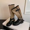 Hebilla de cinturón de moda estilo británico de 3.5 cm, botas de caballero, nuevo modelo otoño e invierno 2026, punta redonda, tacón grueso, botas altas de tubo largo con bloques de color