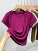 Camiseta Holgada de Manga Corta y Cuello Redondo de Nuevo Estilo al por Mayor para Mujer, Top Delgado Transpirable que Cubre el Vientre y Luce Adelgazante, Camiseta Versátil de Color Sólido