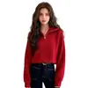 Suéter Rojo de Cuello Alto con Media Cremallera para Mujer, Nuevo Estilo Coreano Otoño/Invierno 2026 Estilo Holgado Perezoso Tejido de Punto con Cuello Vuelta