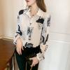 Camisa de gasa de manga larga con contraste de color, estilo vintage de Hong Kong, primavera 2024, diseño de mujer con estampado de flores pequeñas