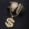 2026 Novo Modelo Transfronteiriço Relógio com Pulseira de Aço Romano Totalmente Cravejado de Diamantes Conjunto de 2 Peças Relógio de Quartzo Liga Conjunto de Pingente de Dólar Hip-Hop