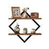 Estantería de pared de hierro forjado con forma de diamante y madera maciza, estante de pared de doble capa, decoración de pared de fondo para sala de estar, estante de exhibición y estante de almacenamiento