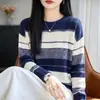 Suéter de punto a rayas de cuello redondo estilo perezoso para mujer, holgado y casual, adelgazante, top versátil con un diseño elegante, nuevo