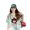Camiseta Estilo Desenho Gato Fofo Estampa Manga Curta Feminina Verão Renda Jacquard Semi-Transparente Soltinha Versátil Top Tendência