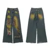 Jiamu Entra en Escena para Probar el Color Wasteland Americano Jeans Rectos Baggy Desgastados Rotos Unisex para Hombres y Mujeres