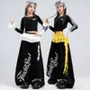 Traje de jazz para niños, top corto con escote de encaje, conjunto de baile negro, atuendo de actuación de jazz street dance para niñas