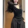 Camisa Básica Manga Longa Gola Halter Estilo Desejo Puro com Gola Swing para Mulheres 2025 Outono Versão Coreana Camiseta Nova Irregular Top Hot Girl