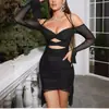 Vestido gola halter 2025, vestido de manga longa, plissado, verão, vazado, estilo novo, sexy, sem alças, justo, estilo europeu e americano