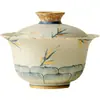 Gaiwan de Cerámica Antigua Glaseado de Caramelo Estilo Bambú Pintado a Mano de las Dinastías Tang y Song, Juego de Té Kung Fu para Uso en Casa, Gaiwan de Boca de Flor, Tazón de Preparación de Té para el Hogar