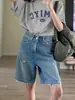 Shorts de mezclilla rotos para mujer, estilo fino de verano, corte holgado, talla grande, adelgazantes, de cintura alta, línea A, pierna recta vintage, shorts hasta la rodilla