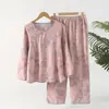 Pijama Feminino para Primavera e Outono, Estilo Vintage, Manga Longa, Calça Longa, Algodão Puro, Camada Dupla, Cor Sólida, Gola Lapela Simples, Cardigan, Roupa de Casa de Caimento Solto