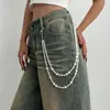 Moda Cruzada Europeia e Americana Estilo Ins Corrente de Jeans com Contas de Pérola Artificial Corrente de Contas Multicamadas Personalizada Pingente de Corrente de Cintura
